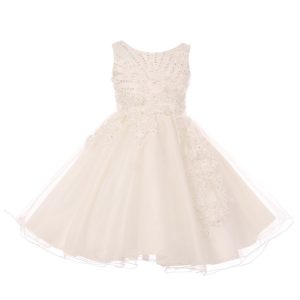 Blumenmädchenkleid für kleine Mädchen, Elfenbein, Perlen, Glitzer, Tüll, Größe 2–6