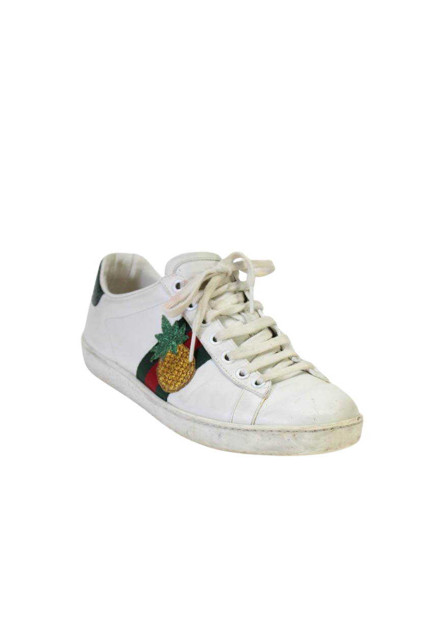Gucci Damen mit Schnürung Ananas Marienkäfer Ace Turnschuhe Weißes Leder