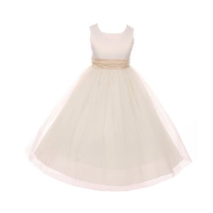 Junior-Brautjungfernkleid für große Mädchen, Elfenbein, Champagner, Satin, Schärpe, Schleife, Größe 8–14