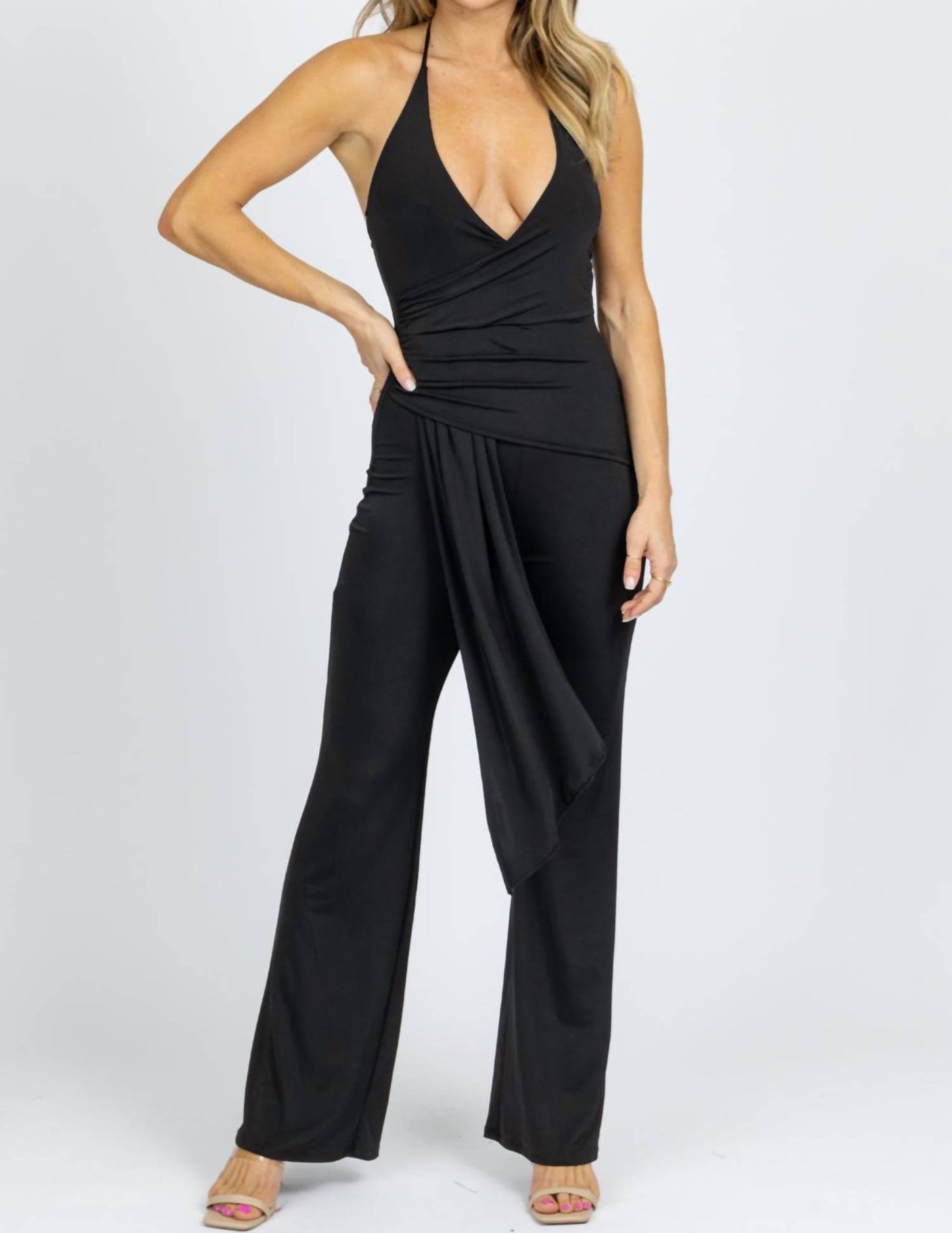 Neckholder Ruche Jumpsuit in Schwarz