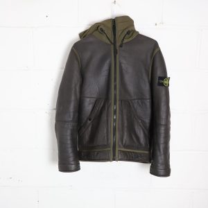 Stone Island Kapuzenjacke mit Reißverschluss vorne aus braunem Schafsleder