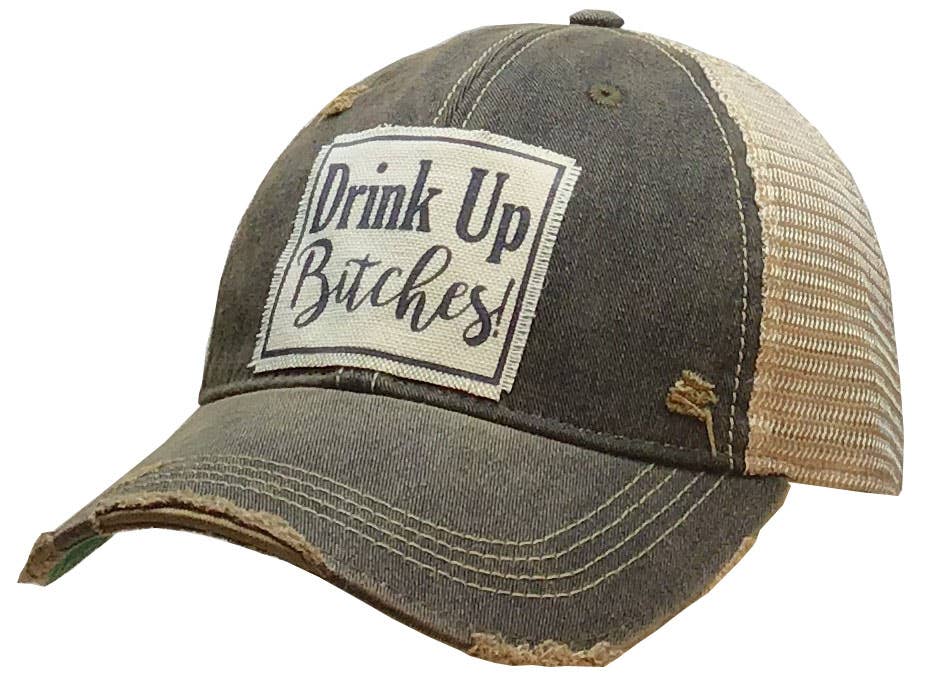 Vintage Life Trinken Sie bis Bitches Distressed Trucker Kappe Schwarz