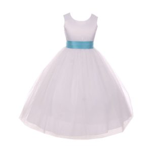 Blumenmädchenkleid für kleine Mädchen, weiß, Aqua, Tüll, Satin, Schärpe, Schleife, Größe 2–6