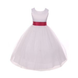 Blumenmädchenkleid für kleine Mädchen, weiß, Fuchsia, Tüll, Satin, Schärpe, Schleife, Größe 2–6