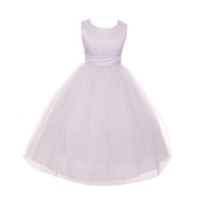 Blumenmädchenkleid für kleine Mädchen, weiß, Tüll, Satin, Schärpe, Schleife, Größe 2–6