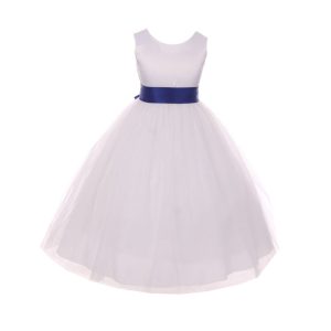 Blumenmädchenkleid für kleine Mädchen, weiß, königsblau, Satin, Schärpe, Schleife, Größe 2–6