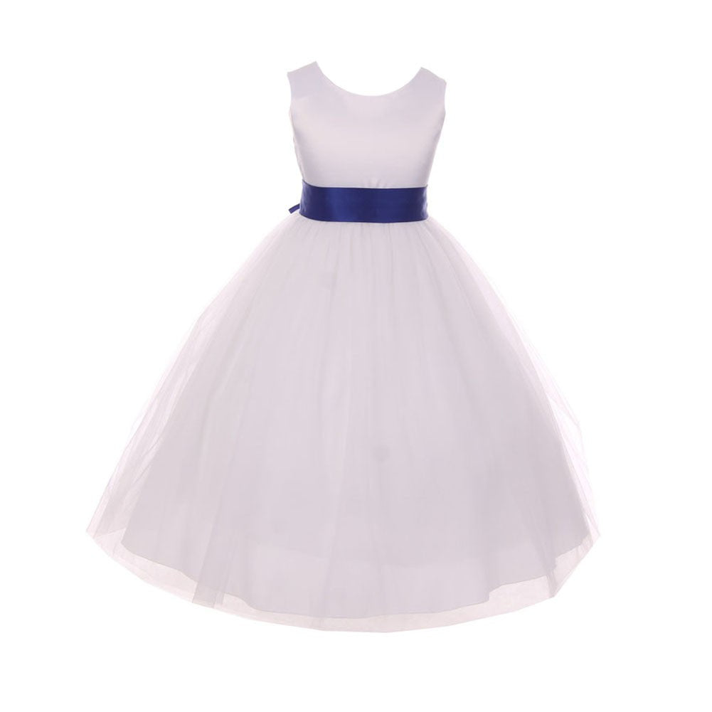 Kleine Mädchen weiß königsblau Satin Schärpe Bogen Blumenmädchen Kleid 2-6