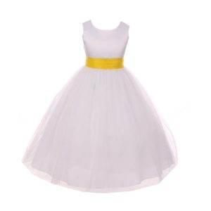 Blumenmädchenkleid für kleine Mädchen, weiß, gelb, Tüll, Satin, Schärpe, Schleife, Größe 2–6