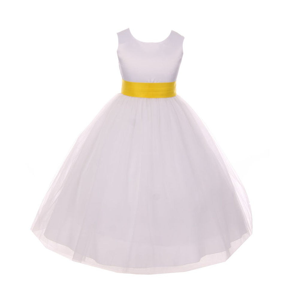 Kleine Mädchen weiß gelb Tüll Satin Schärpe Bogen Blumenmädchen Kleid 2-6