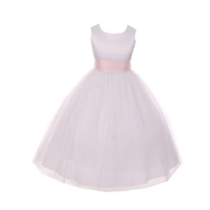 Junior-Brautjungfernkleid für große Mädchen, Weiß, Rosa, Satin, Schärpe, Schleife, Größe 8–14