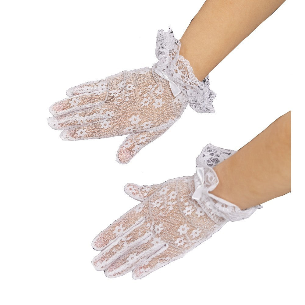 Mädchen Elfenbein Spitze Bow Accented Kommunion Blume Mädchen Handschuhe (0-3) S-(8-12) L