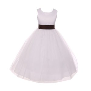 Junior-Brautjungfernkleid für große Mädchen, weiß, braun, Satin, Schärpe, Schleife, Größe 8–14