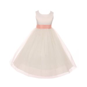 Blumenmädchenkleid für kleine Mädchen, elfenbeinfarben, pfirsichfarben, Tüll, Satin, Schärpe, Schleife, Größe 2–6