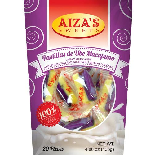 Aiza's Sweets – Pastillas de Ube Macapuno – weich zum Kauen Milch Süßigkeiten mit Violett Yam und Gelatine Mutant Kokos – 20 Stück – 136 G