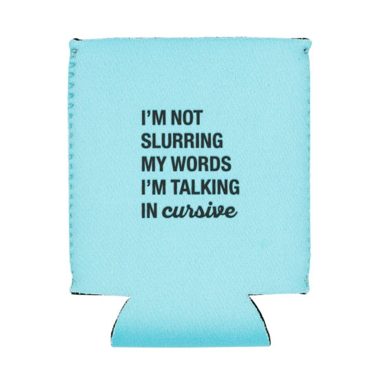 About Gesicht Designs , sprechen in cursive koozie