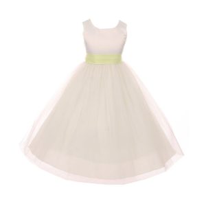 Blumenmädchenkleid für kleine Mädchen, elfenbeinfarben, Limette, Tüll, Satin, Schärpe, Schleife, Größe 2–6