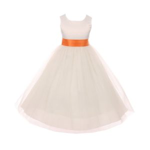 Blumenmädchenkleid für kleine Mädchen, Elfenbein, Orange, Tüll, Satin, Schärpe, Schleife, Größe 2–6