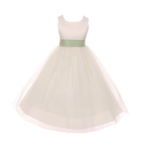 Junior-Brautjungfernkleid für große Mädchen, Elfenbein, Salbeigrün, Tüll, Satin, Schärpe, Größe 8–14