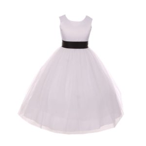 Blumenmädchenkleid für kleine Mädchen, weiß, schwarz, Tüll, Satin, Schärpe, Schleife, Größe 2–6