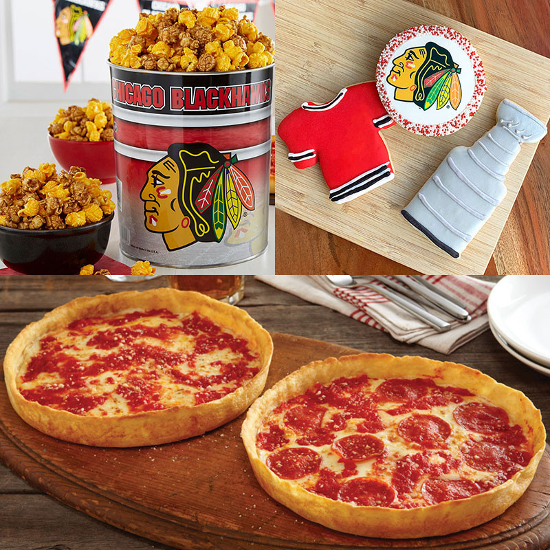 Garrett Popcorn Chicago Blackhawks Klassische Blechdose, Blackhawks Kekse & 2 Lou's Pizzas