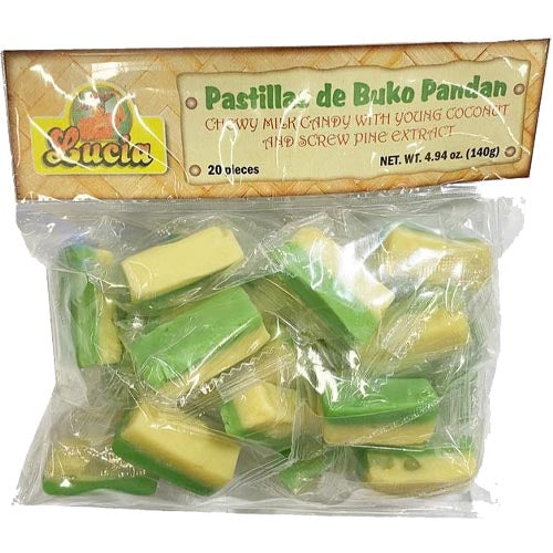 Lucia Pastillas de Buko Pandan – weich zum Kauen Milch Süßigkeiten mit Junger Kokosnuss und Screw Pine Extrakt – 140 G
