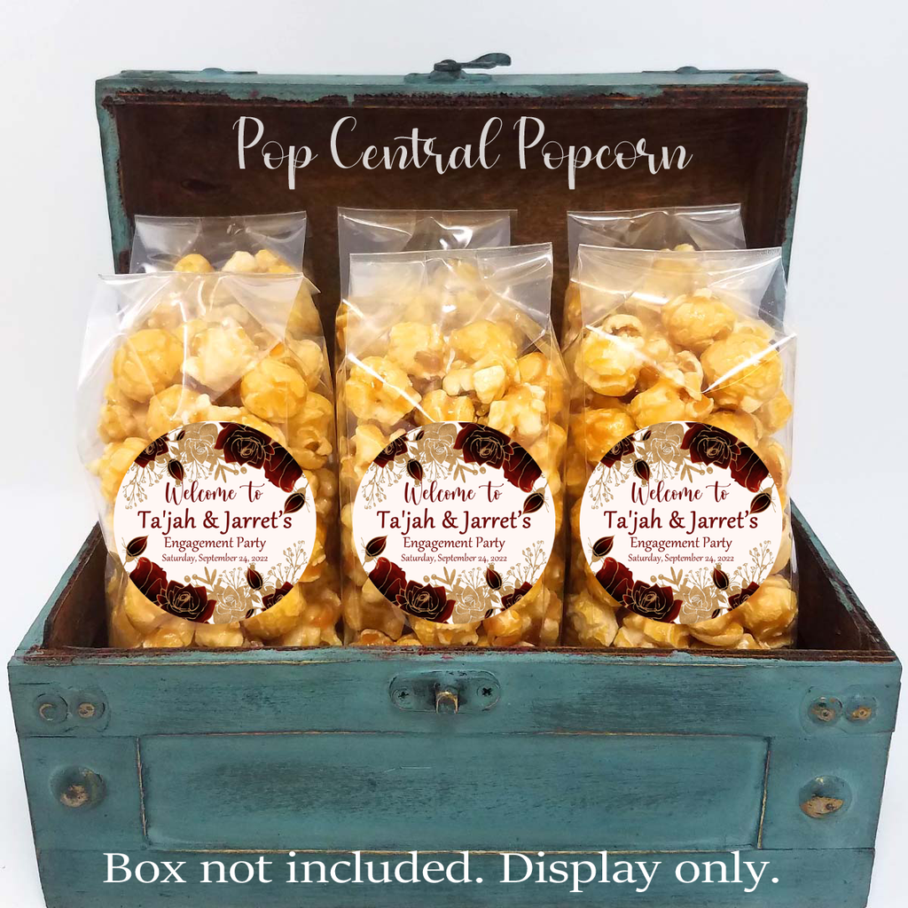Burgund und Gold Rosen mit Blumenmuster – Popcorn Hochzeit Gefälligkeiten