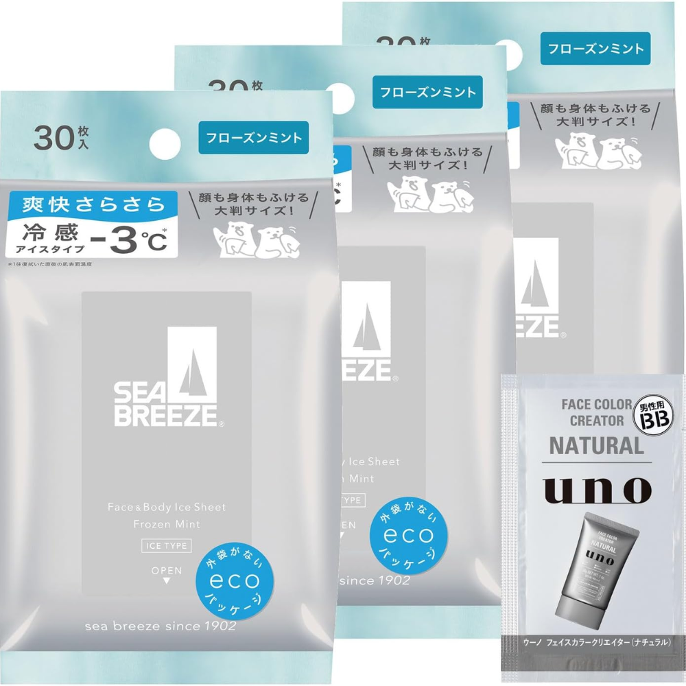 Seabreeze Gesicht & Körper Eisschild Frozen Minze 30 Blatt × 3 Packs + Bonus – Hergestellt in Japan – Tokyo Sakura Mall