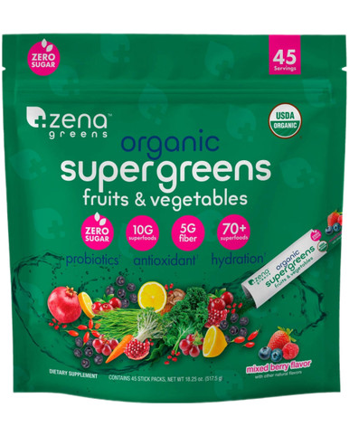 Zena Greens Bio Supergreens Pulver, gemischte Beeren, 45 Portionen, Null Zucker, 70+ Superfoods