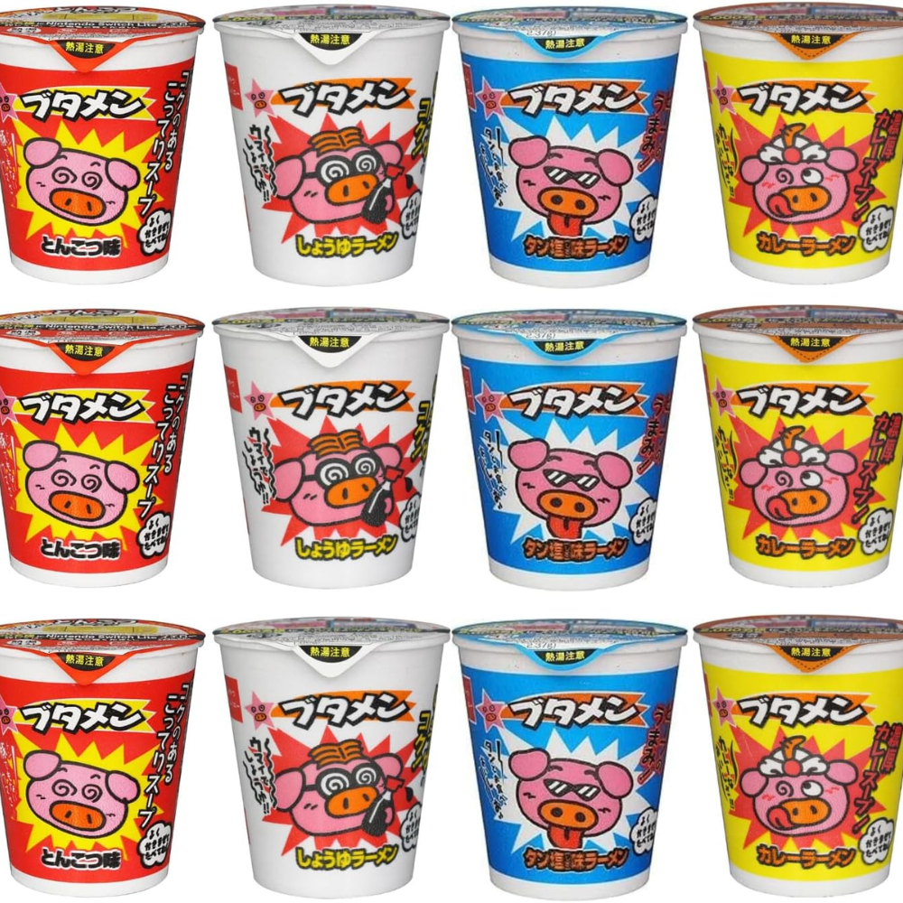 Oyatsu Company Butamen 4 Geschmacksrichtungen 12-Cup Instant Ramen Sortiment Packung (Tonkotsu, gesalzene Zunge, Sojasauce, Curry) – Hergestellt in Japan – Tokyo Sakura Mall
