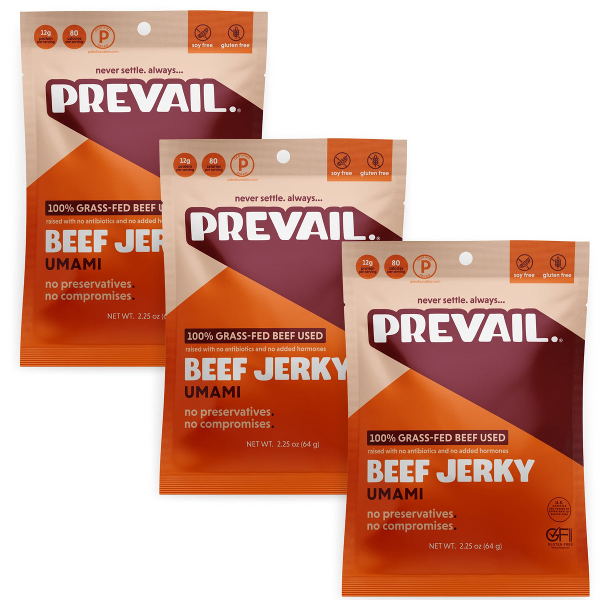 Prevail Jerky Umami Rindfleisch Jerky, 100% Gras gefüttert – 3 Beutel x 2,25 oz