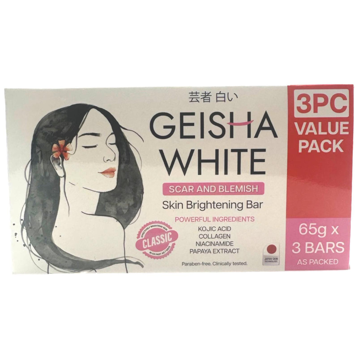 Geisha Weiß – klassisch – Narbe und Makel – Seifenstange – 3er Packung – 195 G