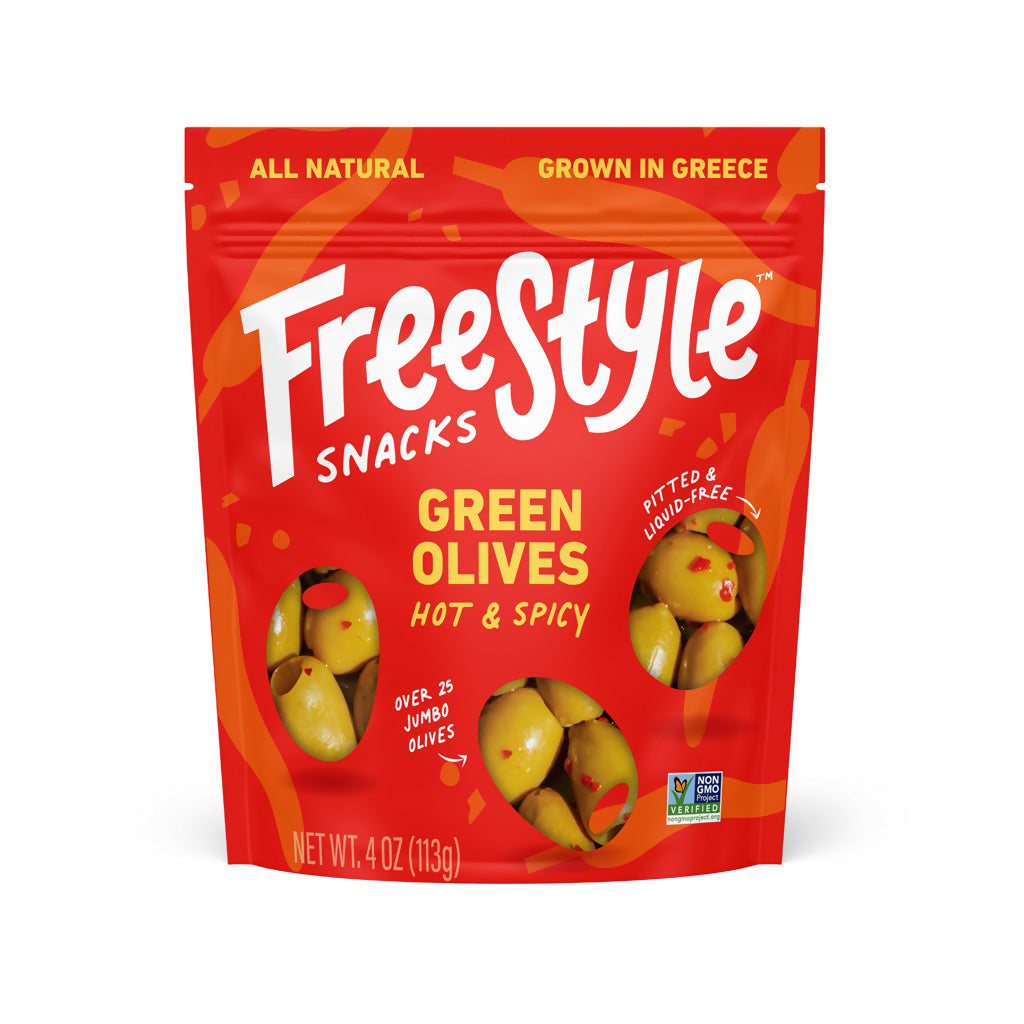 Freestyle Snacks Grüne Oliven Hot & scharf – 6 Beutel x 4 Unzen