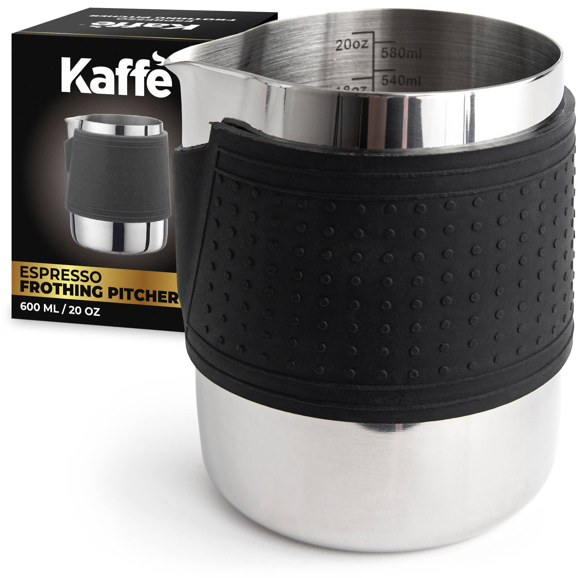 Kaffe Edelstahl Milch Aufschäumen Krug – 20oz mit Silikonhülle – Perfekt für Lattes & Cappuccinos