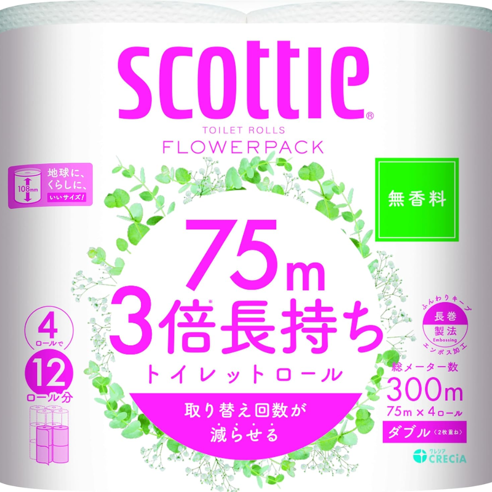 Scotty Flower Packung Dreifach Länge Toilettenpapier 4 Rollen 75m Double – Unscented – Hergestellt in Japan – Tokyo Sakura Mall