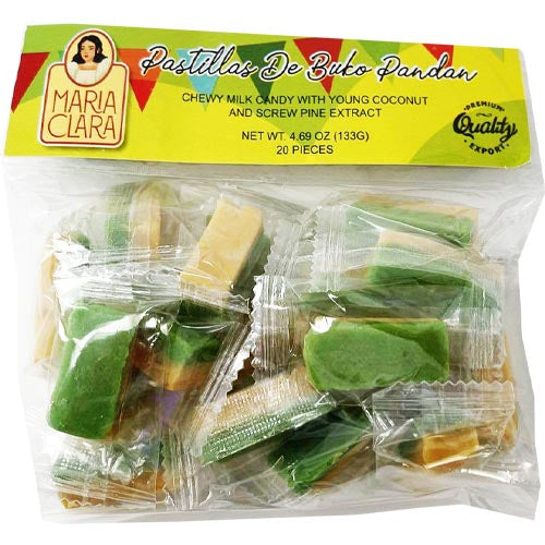 Maria Clara – Pastillas de Buko Pandan – weich zum Kauen Milch Süßigkeiten mit Junger Kokosnuss und Screw Pine Extrakt – 20 Stück – 133 G