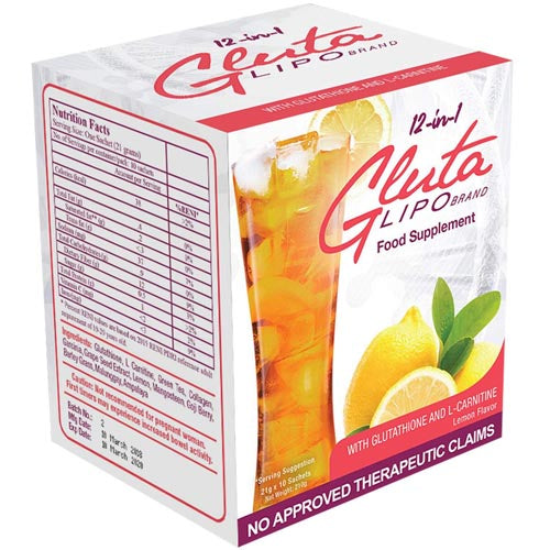 Gluta Lipo Marke – 12 in 1 – Nahrungsergänzungsmittel – Zitrone Aroma – 10 Beutel – 210 G
