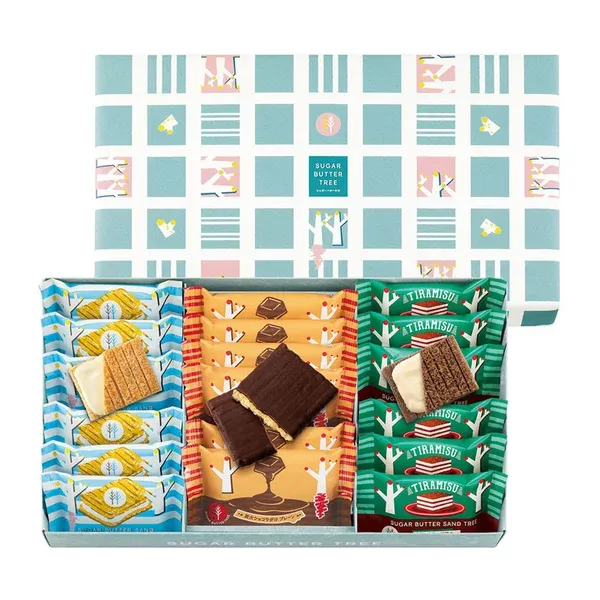 Zuckerbutter Sand Baum, Knuspriges Plätzchen Sandwich, 3 Arten Sortiment, 21 Stück in 1 Schachtel, Für Geschenk