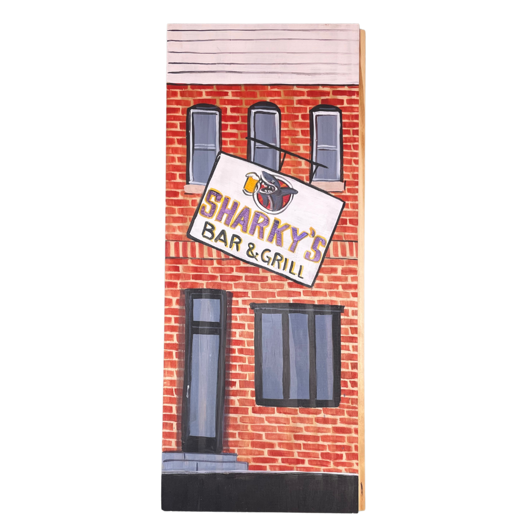 Linda Amtmann – Holzplanke mit Motiv Sharky’s Bar & Grill