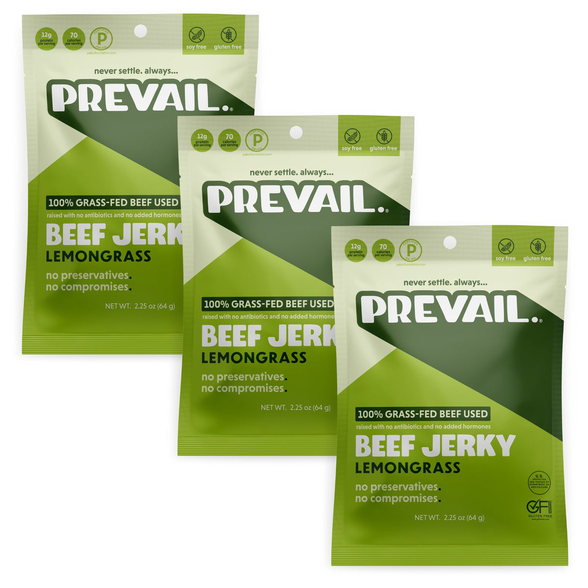 Prevail Jerky Zitronengras Rindfleisch Jerky, 100% Gras Fed – 3 Beutel x 2,25 oz