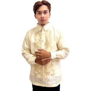 Barong Tagalog spezielle Doppelfutter mit Piping Braun Fisch Scale Wave Design