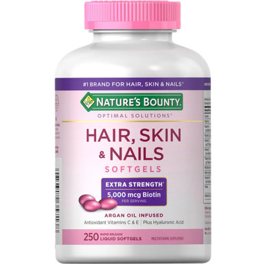 Natur Bounty Haut & Nägel, Extra Stärke 5000mcg Biotin, 250 Softgels, mit Arganöl, Vitamine C & E