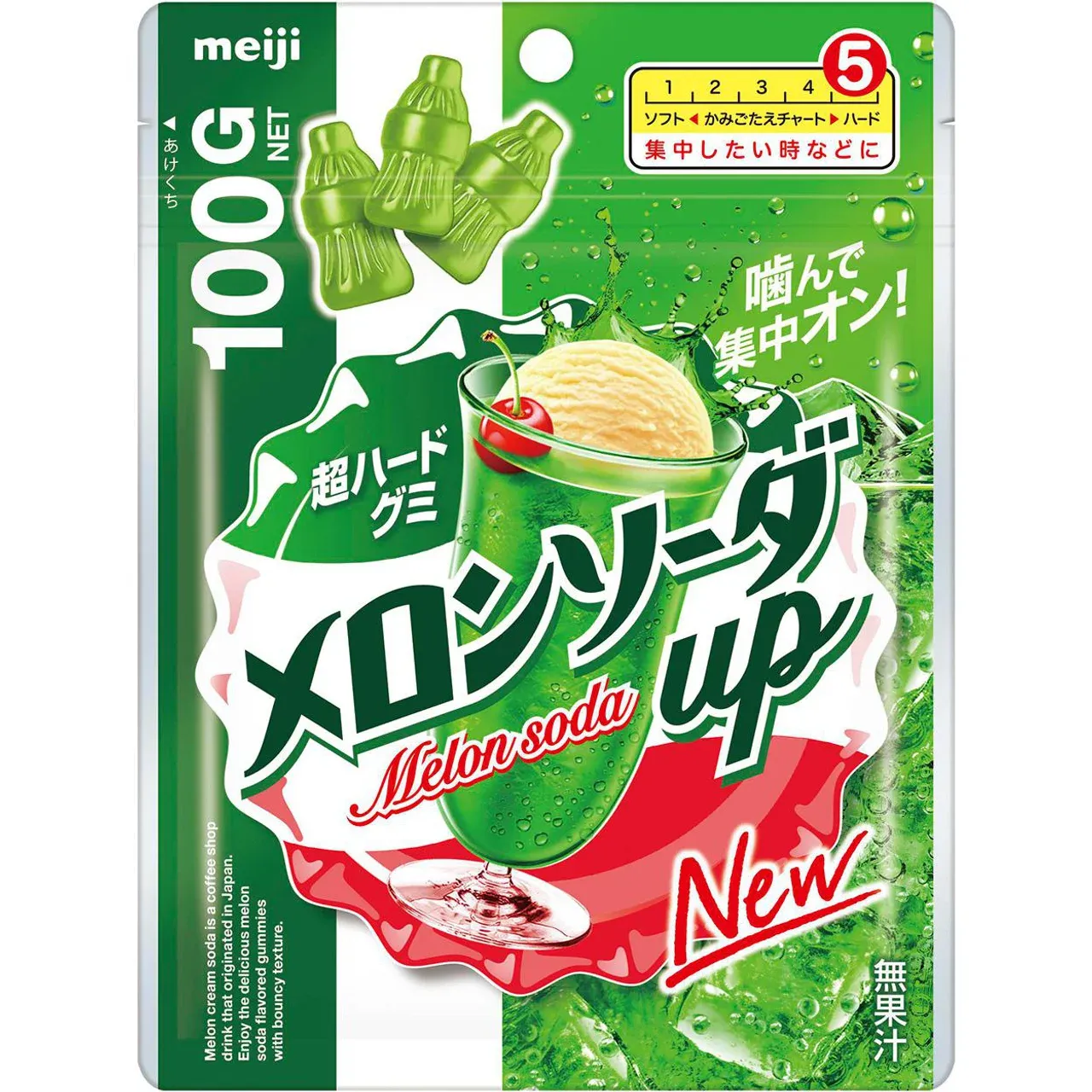 Meiji, Melone Soda Up, Melone Creme Soda Geschmack, Harte Gummy Süßigkeiten, 100g