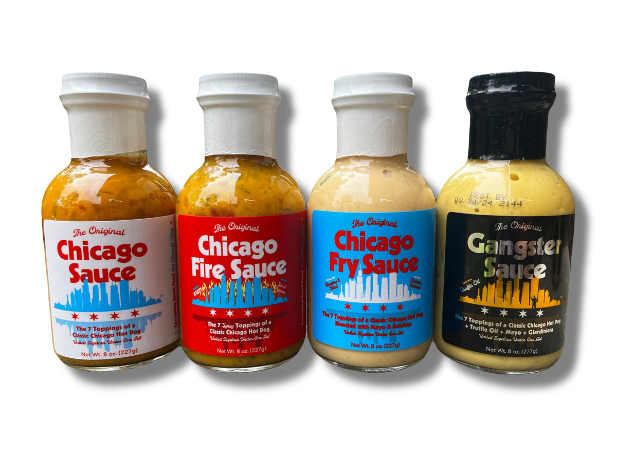 Große Gabel Chicago Sauce, Chicago Fire Sauce, Chicago Fry Sauce & Gangster Sauce Flaschen Fall
