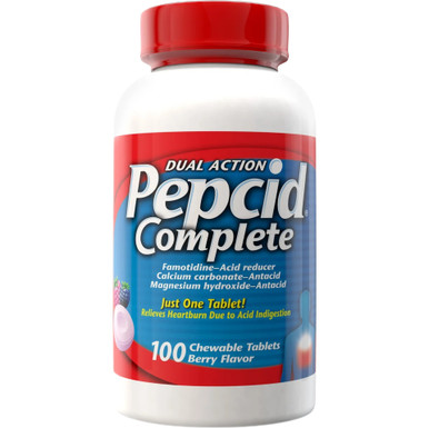 Pepcid Complete Dual Action, Berry Geschmack Kautabletten, 100 Stück, Säurereduzierer + Antazida, schnelle Sodbrennen Erleichterung