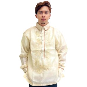 Barong Tagalog Special Double Lining with Piping braune Blätter Bayong Design