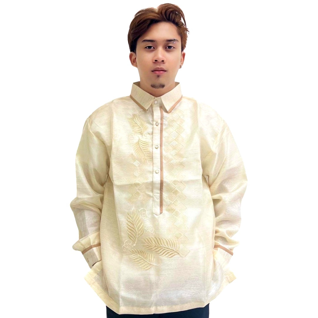 Barong Tagalog spezielle Doppelfutter mit Piping Braun Blätter Bayong Design