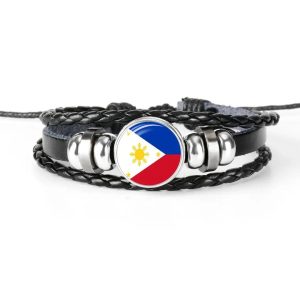 Philippine Flag Snap Button Elastic Jewelry unisex Herren schwarzes Lederarmband – 380 g