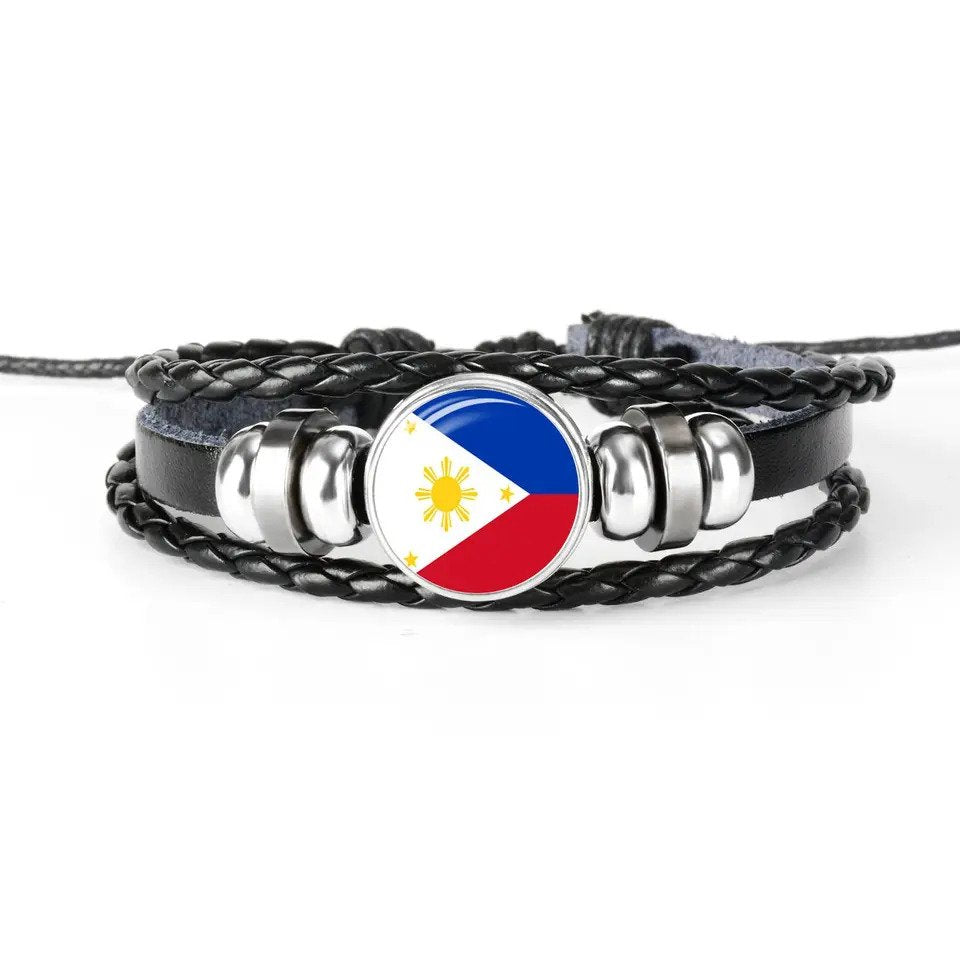 Philippinische Flagge Druckknopf elastischen Schmuck Unisex Herren schwarzes Lederarmband – 380 G