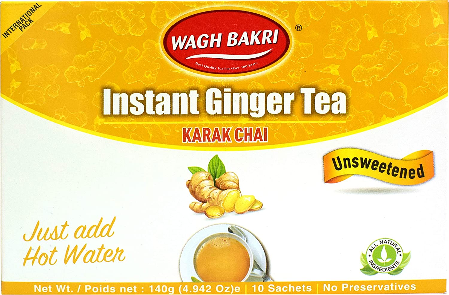 Wagh Bakri Instant Ingwer Chai Tee ungesüßt – 10 Beutel