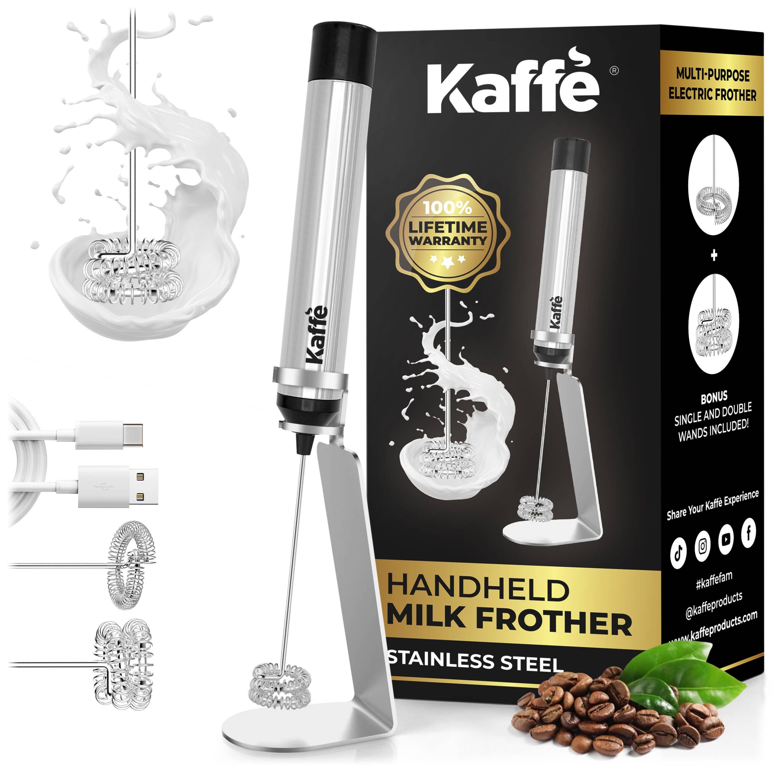 Kaffe Handheld Milchbraten mit Ständer – usb wiederaufladbarer Edelstahl ® perfekt für Lattes & Cappuccinos